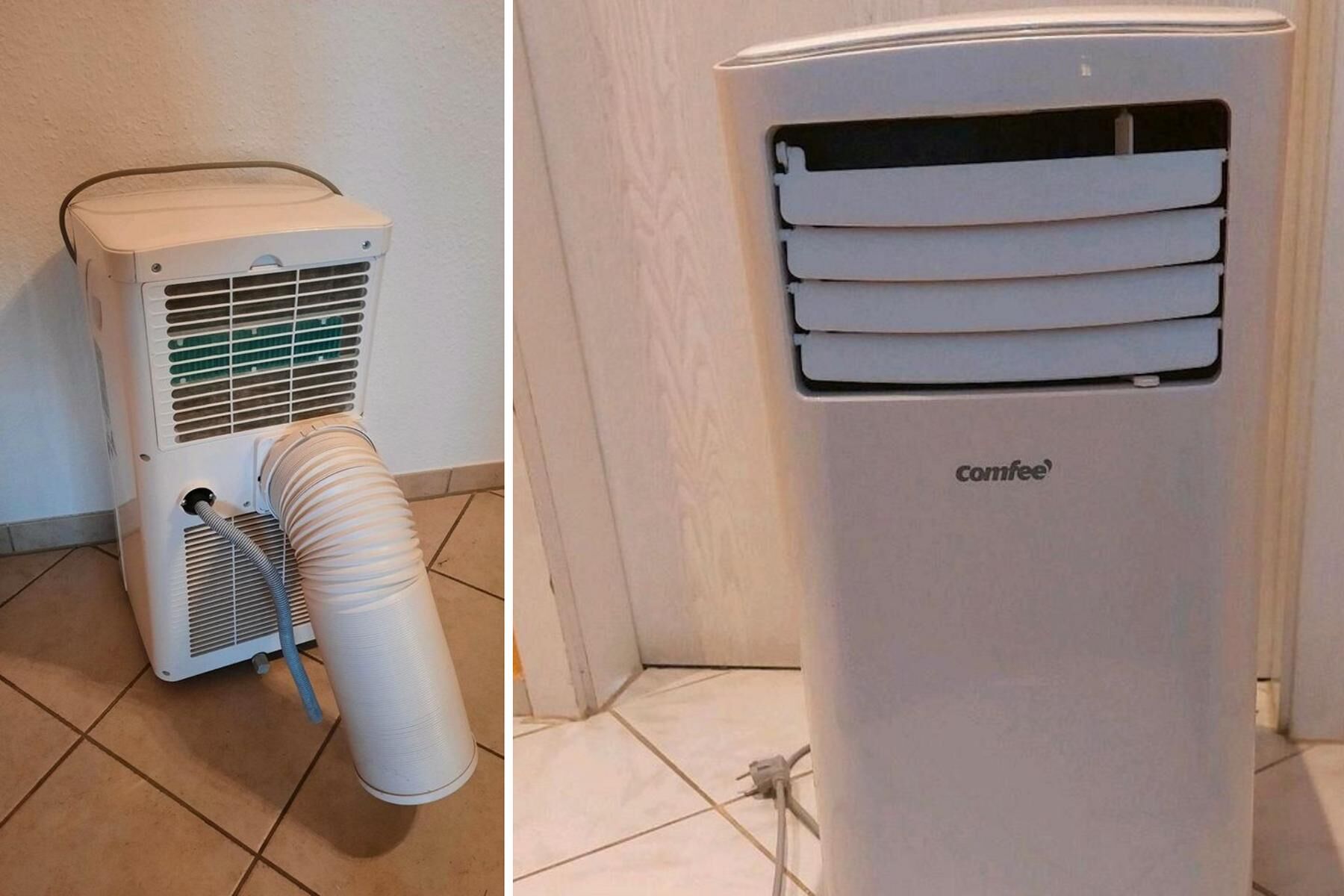 Die Comfee Mobile 7000 (Easy Cool 2.0) steht auf dem Boden und man sieht sie einmal von vorne und von hinten mit angebrachten Abluftschlauch.